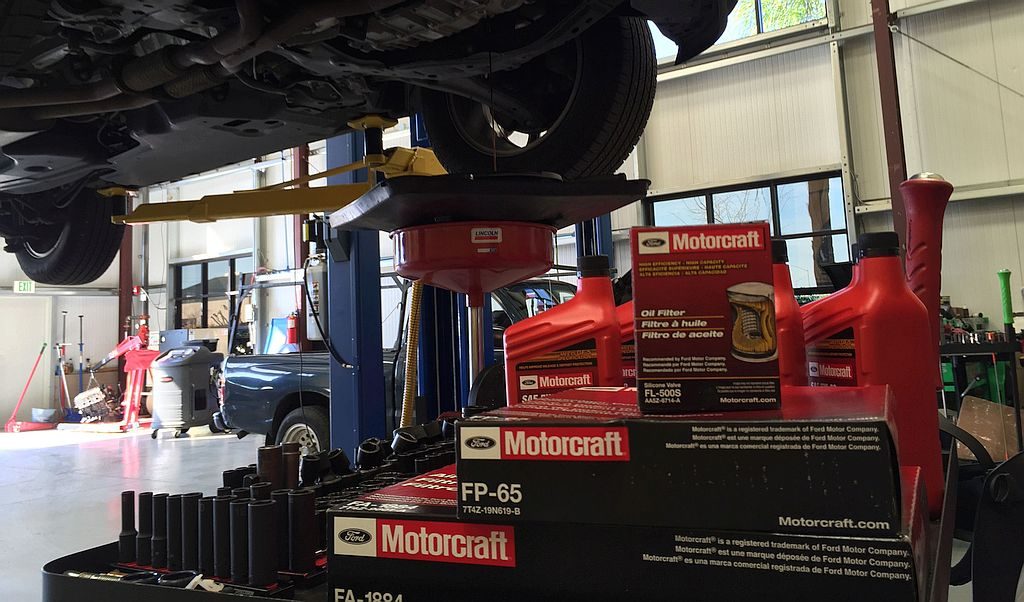 new Ford Motorcraft auto parts waiting for installation in racked vehicle