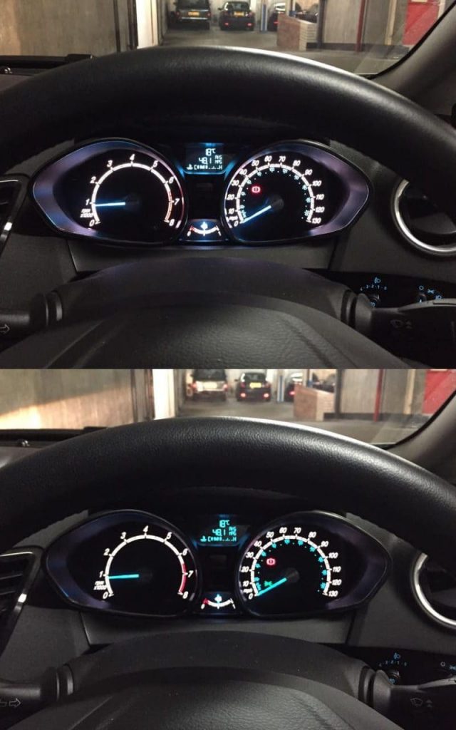 top dashboard image - headlights are turned off but DRLs are active...lower image shows low beam headlights are turned on